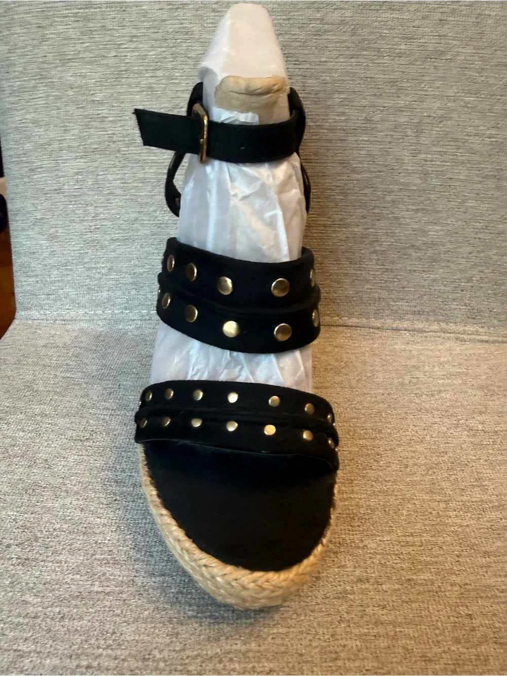 Black Studded Espadrille Wedge Sandals - Women